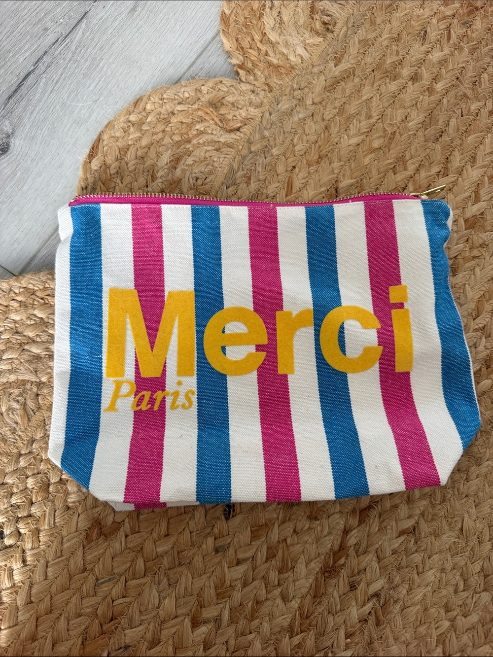 Merci Paris Stripe Cosmetic Pouch - Pink, Blue & Yellow